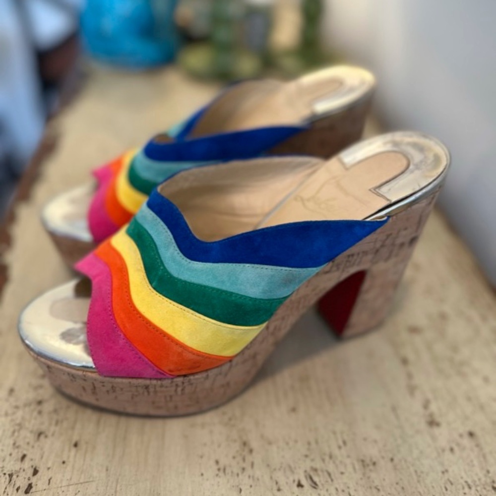 Christian Louboutin Rainbow Suede O Sister Platform Mules Size 39